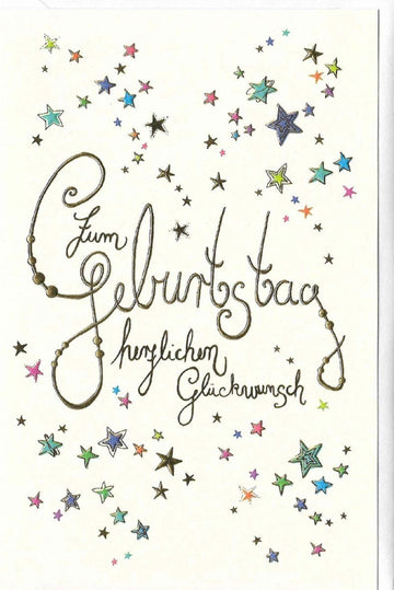 Geburtstagskarte mit Sternen und handgeschriebenem Schriftzug Zum Geburtstag herzlichen Glückwunsch bunte Doppelkarte für Geburtstagsgrüße