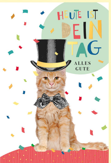 Geburtstagskarte mit stilvoller Katze im Zylinder, Naturkarton & Goldakzenten – Festliche Karte mit Torte und Konfetti