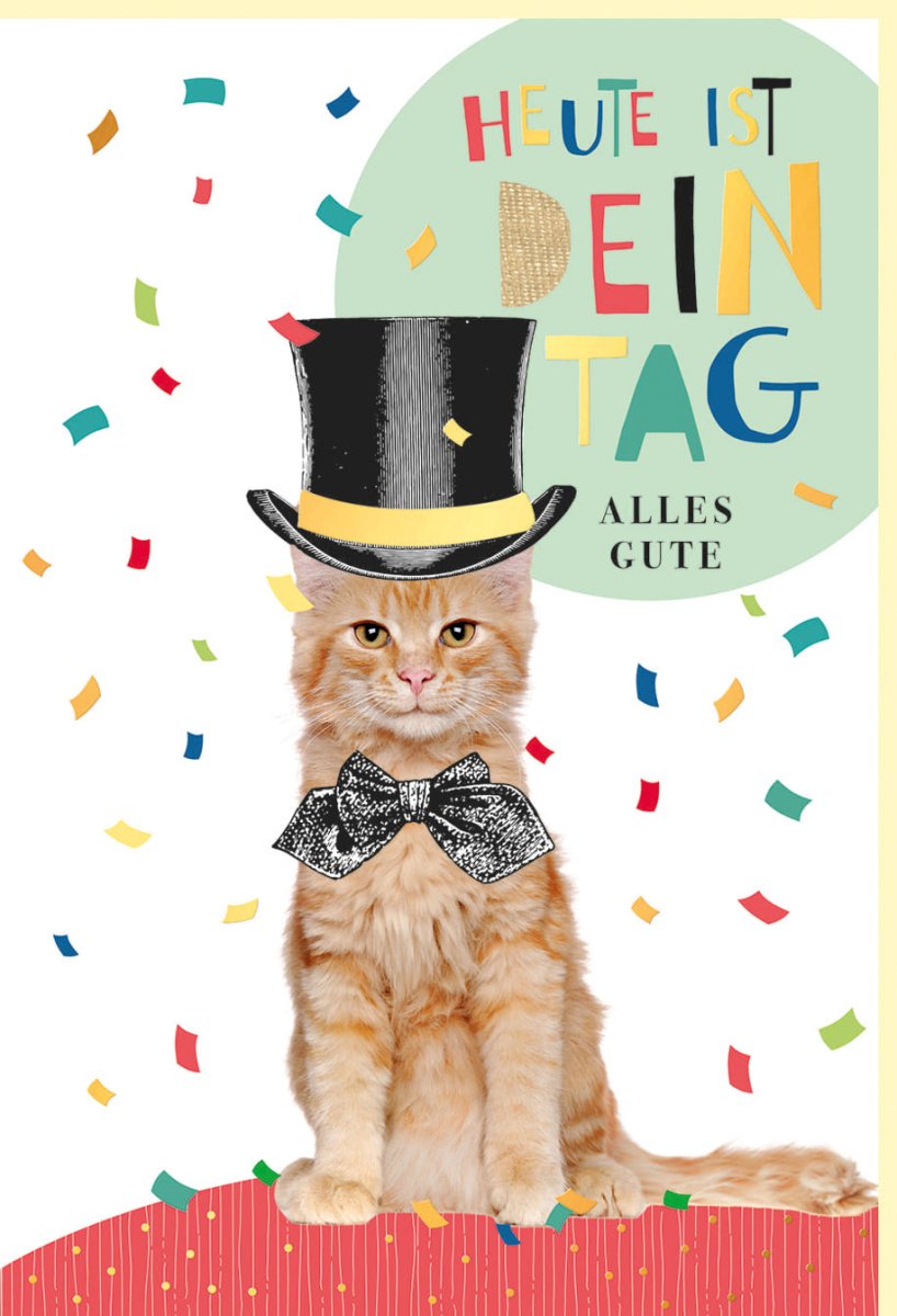 Geburtstagskarte mit stilvoller Katze im Zylinder, Naturkarton & Goldakzenten – Festliche Karte mit Torte und Konfetti