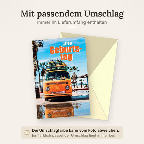 Geburtstagskarte mit Surfbus, Palmen und Strandmotiv für Grüße zur Taufe