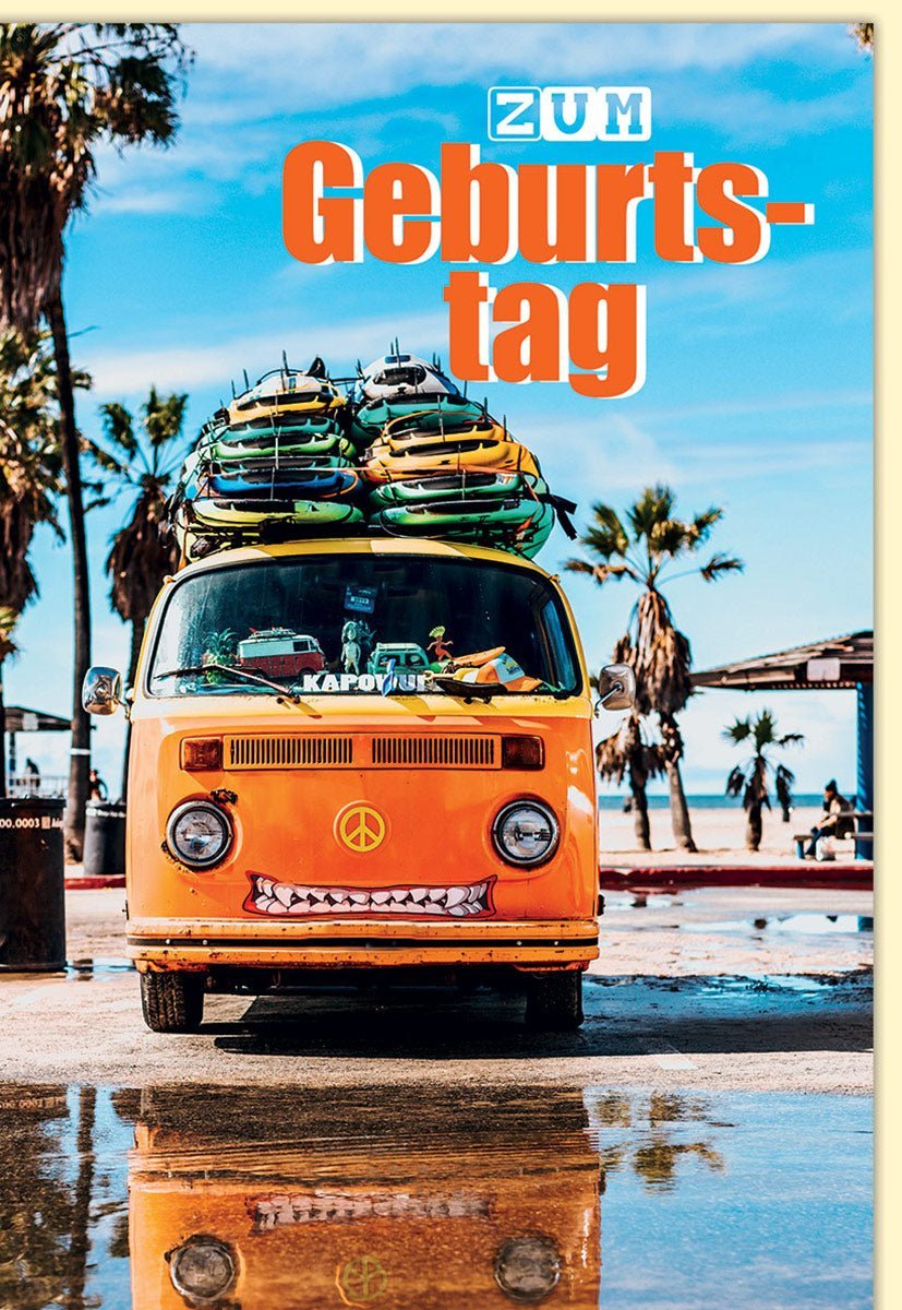 Geburtstagskarte mit Surfbus, Palmen und Strandmotiv für Grüße zur Taufe