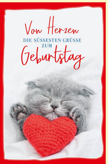 Geburtstagskarte mit süßem schlafenden Kätzchen und rotem Herz liebevolle Doppelkarte zum Geburtstag niedliche Grußkarte