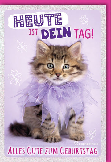 Geburtstagskarte mit süßer Katze und rosa Schleife - "Heute ist dein Tag" Glückwünsche