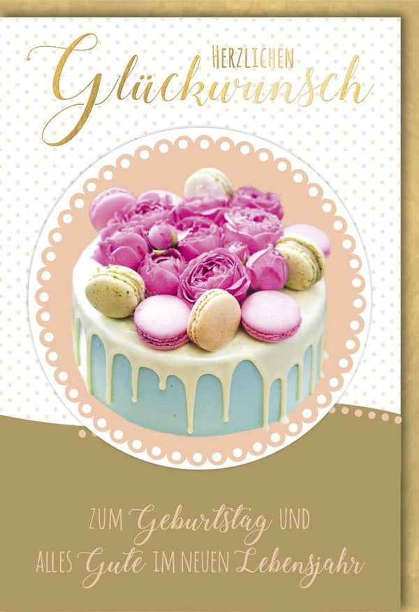 Geburtstagskarte mit Torte und Blumenmotiv – Herzliche Glückwünsche zum neuen Lebensjahr