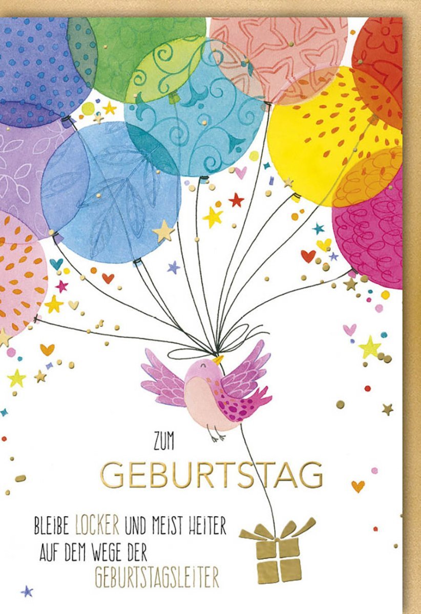 Geburtstagskarte mit Vogel & Luftballons - Bunte Glückwünsche für Jubiläum & Feier, Festliche Karte