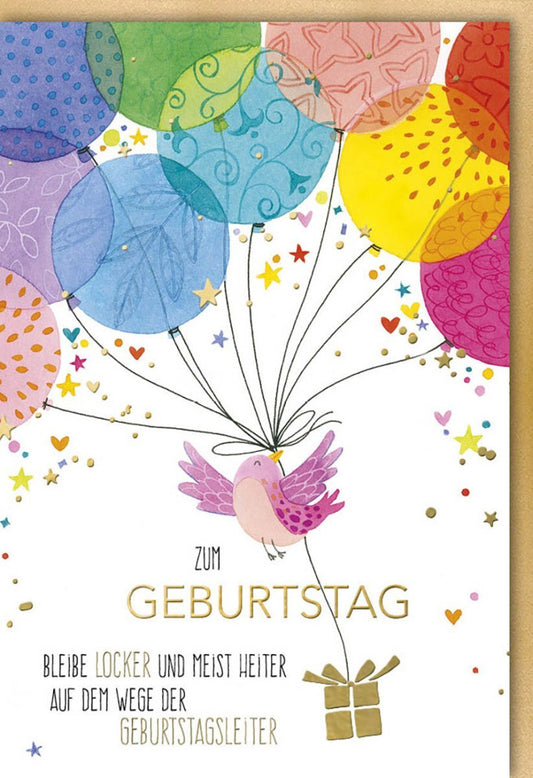 Geburtstagskarte mit Vogel & Luftballons - Bunte Glückwünsche für Jubiläum & Feier, Festliche Karte