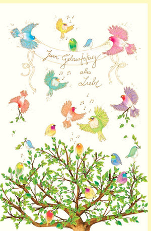 Geburtstagskarte mit Vogelmotiv: Edle Naturkarton-Karte in Pastell mit Goldfolie & Blindprägung, Handgeschriebenes Design für Erwachsene & Kinder