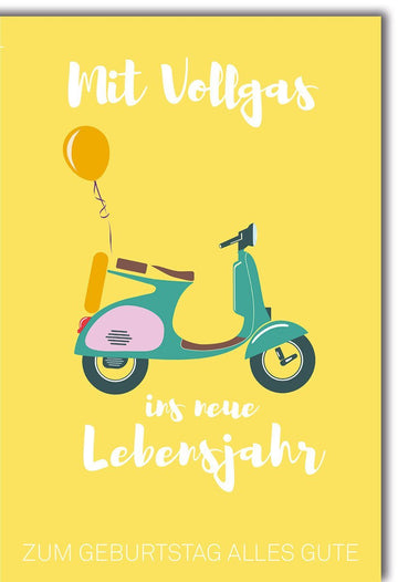 Geburtstagskarte: Mit Vollgas ins neue Jahr - Vespa Roller & Ballons, Gelber Hintergrund, Alles Gute zum Geburtstag