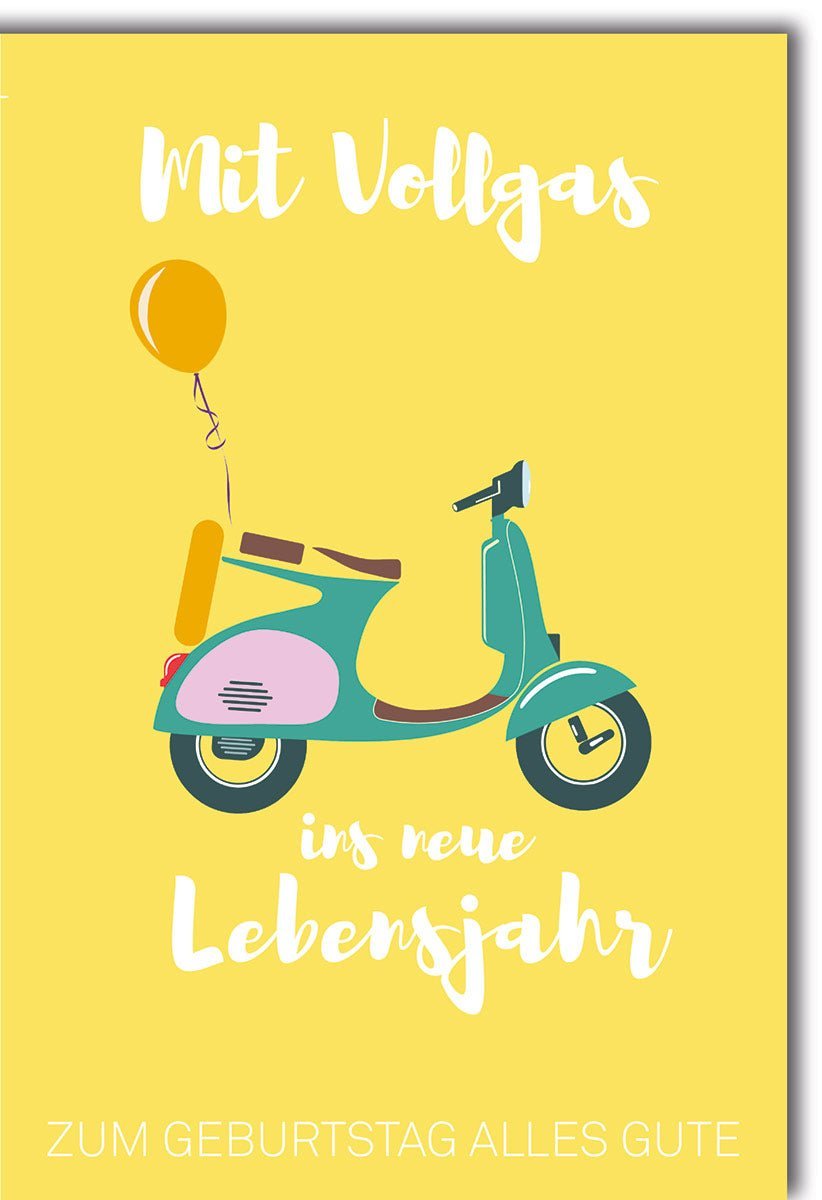 Geburtstagskarte: Mit Vollgas ins neue Jahr - Vespa Roller & Ballons, Gelber Hintergrund, Alles Gute zum Geburtstag