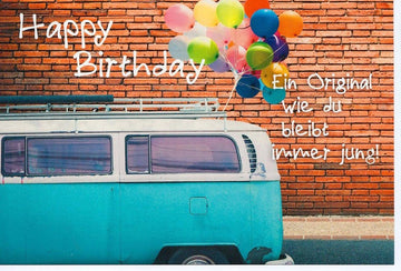 Geburtstagskarte mit VW Bulli und bunten Luftballons für Originale Vintage Glückwunschkarte Geburtstag Retro Motiv bleib immer jung