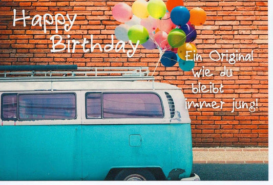 Geburtstagskarte mit VW Bulli und bunten Luftballons für Originale Vintage Glückwunschkarte Geburtstag Retro Motiv bleib immer jung