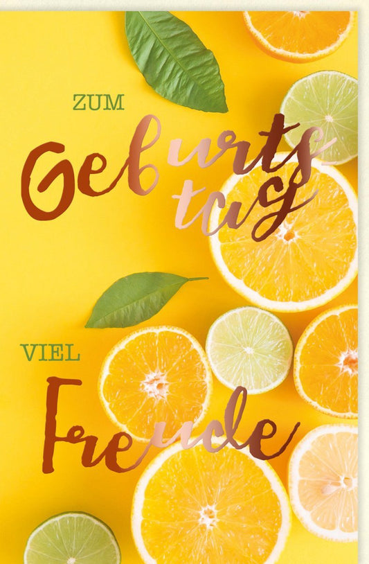 Geburtstagskarte mit Zitronen & Limetten, Kupferfolie – Sommerliche Zitrusfrische für fröhliche Glückwünsche