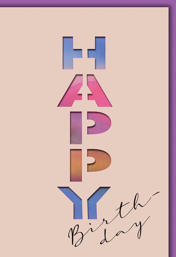 Geburtstagskarte Modern – Bunte 3D-Schrift mit elegantem Handlettering auf Rosa