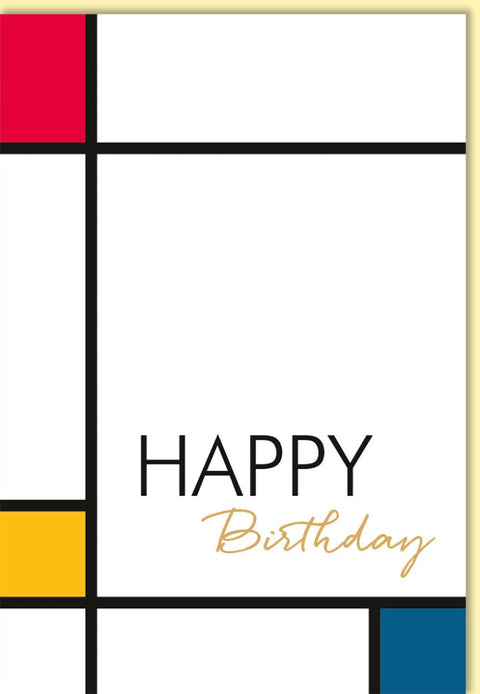 Geburtstagskarte modern mit buntem geometrischem Design und elegantem Happy Birthday Schriftzug für Geschäftskunden hochwertige Doppelkarte