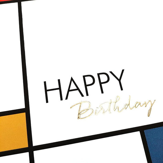 Geburtstagskarte modern mit buntem geometrischem Design und elegantem Happy Birthday Schriftzug für Geschäftskunden hochwertige Doppelkarte