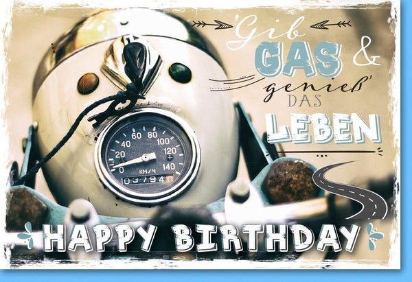 Geburtstagskarte Motorrad-Vintage: Humorvolle Retro-Tacho Karte mit Spruch für Fahrspaß & Feierfreude