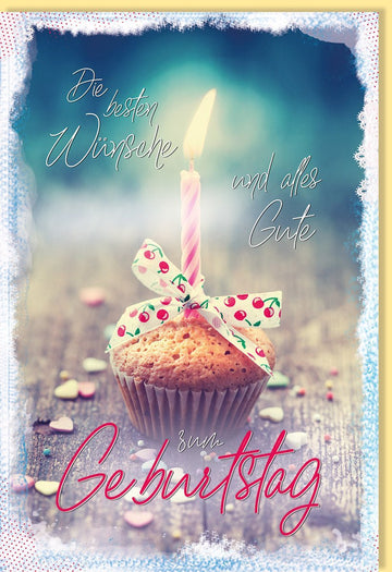 Geburtstagskarte Muffin - Motiv – Bunte Glückwünsche mit Kerze & Schleife für Erwachsene & Kinder, Rosa & Blau – Party - Feier Geschenkidee