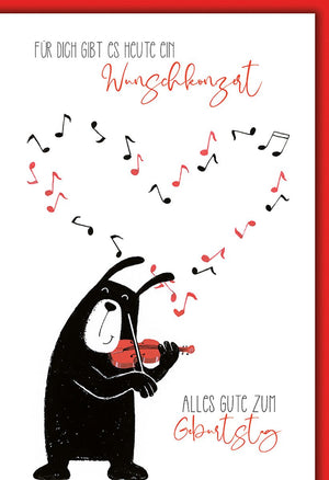 Geburtstagskarte Musikliebhaber – Bär mit Geige und Noten in Herzform, humorvoller Stil