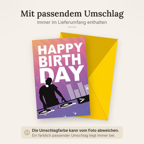 Geburtstagskarte Musikliebhaber – DJ-Silhouette mit buntem Club-Hintergrund