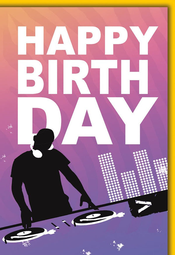 Geburtstagskarte Musikliebhaber – DJ-Silhouette mit buntem Club-Hintergrund