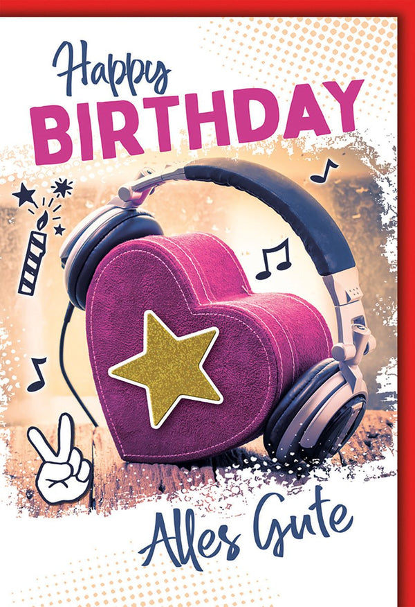 Geburtstagskarte Musikliebhaber – Herz-Kopfhörer mit Stern und fröhlichem Design