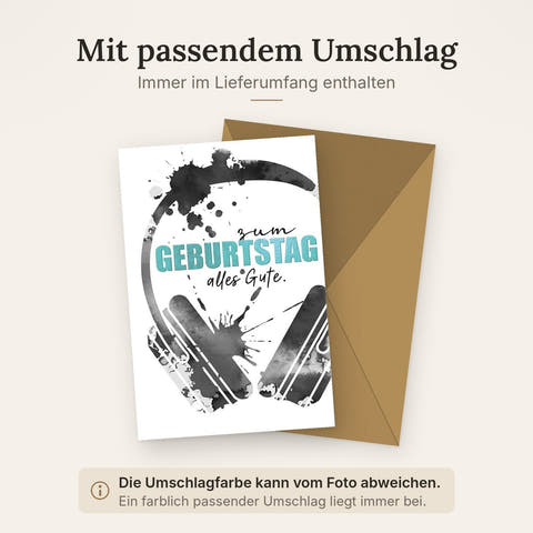 Geburtstagskarte Musikliebhaber – Kopfhörer in Schwarz-Weiß Aquarell mit Farbspritzern