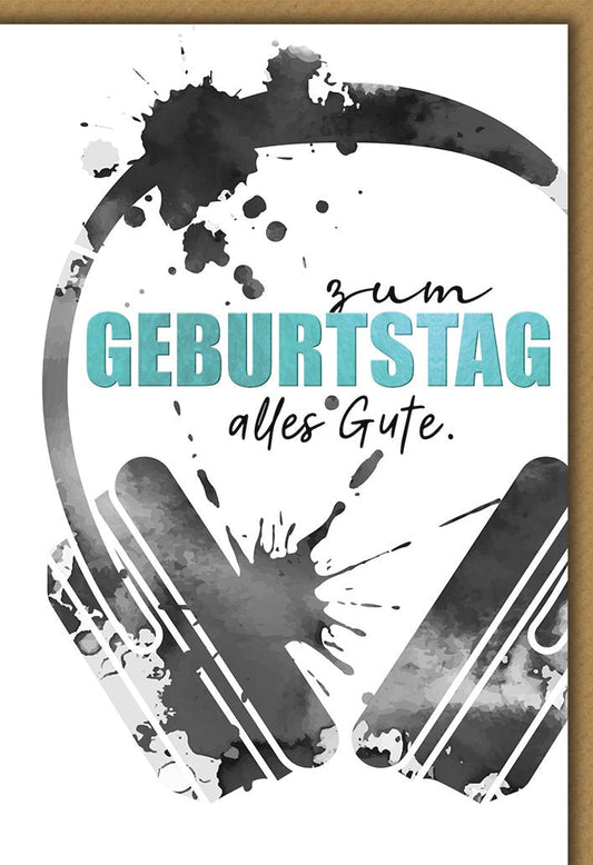 Geburtstagskarte Musikliebhaber – Kopfhörer in Schwarz - Weiß Aquarell mit Farbspritzern