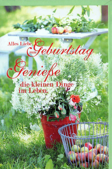 Geburtstagskarte Natur: Apfelkorb und Blumenarrangement in Rot