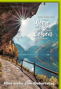 Geburtstagskarte Natur – Berglandschaft mit inspirierendem Zitat und Sonnenstrahlen