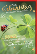 Geburtstagskarte Natur – Marienkäfer auf Kleeblatt mit Glücks-Spruch und Blumenmuster