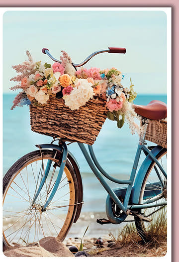 Geburtstagskarte Natur – Vintage Fahrrad mit Blumenkorb am Strand in Pastellfarben