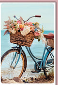 Geburtstagskarte Natur – Vintage Fahrrad mit Blumenkorb am Strand in Pastellfarben