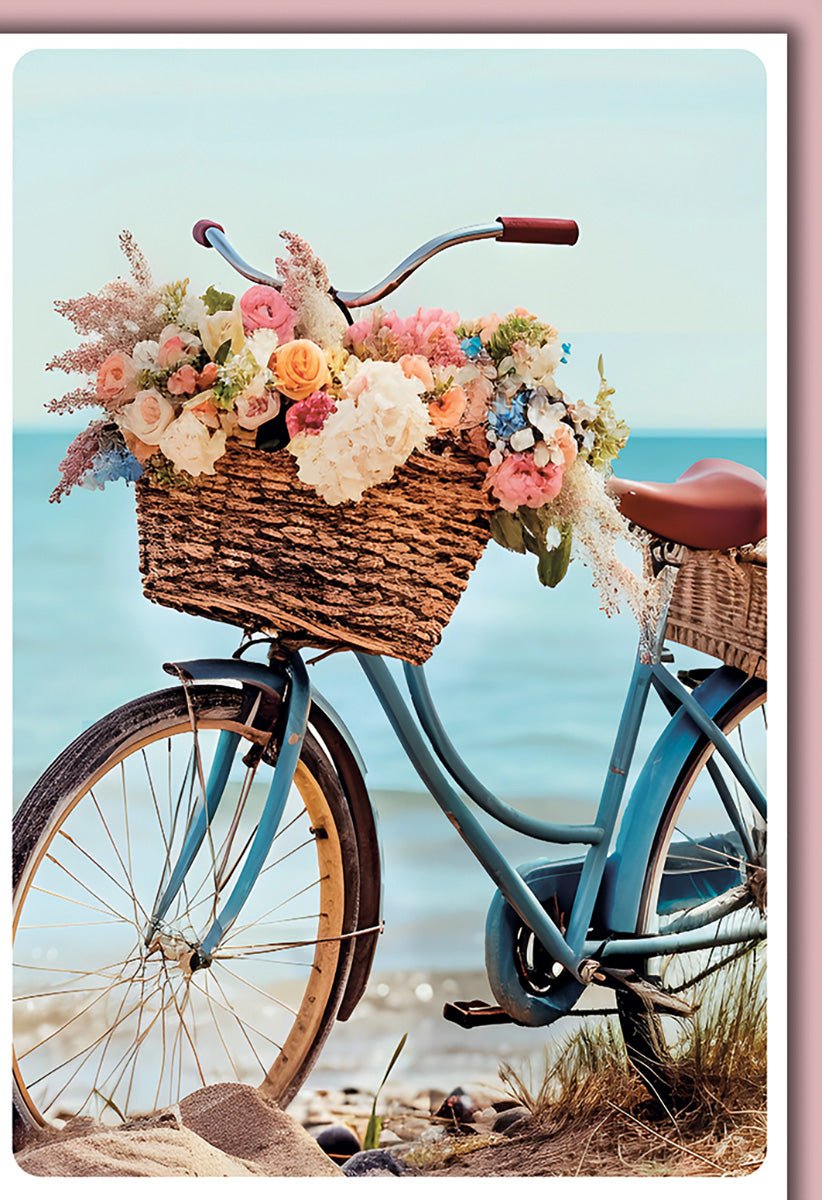 Geburtstagskarte Natur – Vintage Fahrrad mit Blumenkorb am Strand in Pastellfarben