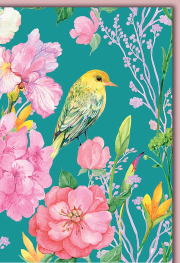 Geburtstagskarte Naturfreunde – Gelber Vogel mit rosa Blüten auf türkisfarbenem Hintergrund