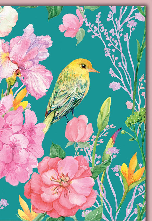Geburtstagskarte Naturfreunde – Gelber Vogel mit rosa Blüten auf türkisfarbenem Hintergrund