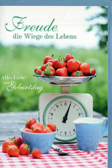 Geburtstagskarte Naturidylle: Waage mit frischen Erdbeeren