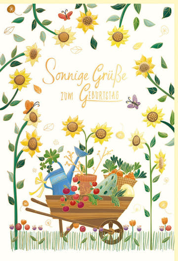 Geburtstagskarte Naturkarton - Sonnenblumen & Schubkarre, Goldfolie & Blindprägung, Sonnige Grüße im Natur Design