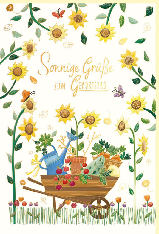 Geburtstagskarte Naturkarton - Sonnenblumen & Schubkarre, Goldfolie & Blindprägung, Sonnige Grüße im Natur Design