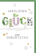 Geburtstagskarte Neutral – Glückwunsch in floralen Buchstaben mit Kleeblatt und Goldakzenten