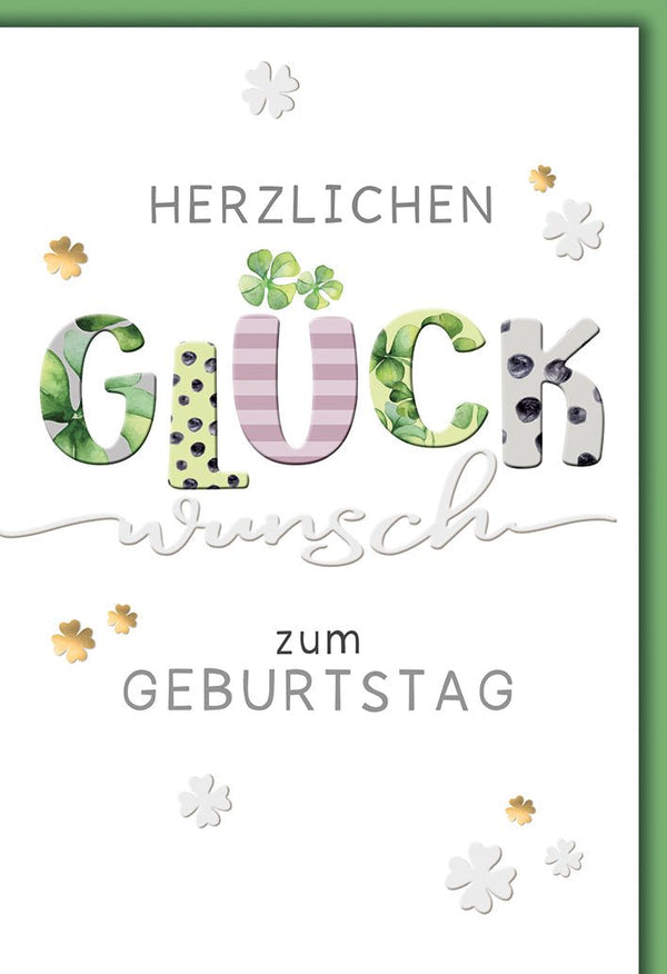 Geburtstagskarte Neutral – Glückwunsch in floralen Buchstaben mit Kleeblatt und Goldakzenten