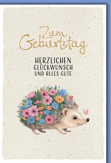 Geburtstagskarte: Niedlicher Igel mit Blumenstrauß – Handgezeichnete Tiermotive für Naturliebhaber