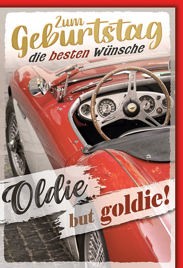Geburtstagskarte Oldtimer Fans – Roter Klassiker mit Retro-Charme und Humor-Spruch