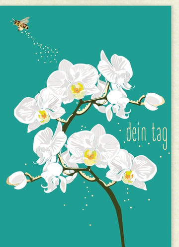 Geburtstagskarte Orchideen: Elegante Blumen & Biene auf Weiß – Natürlich Florale Glückwünsche
