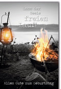 Geburtstagskarte Outdoor – Lagerfeuer mit Laterne und inspirierendem Spruch