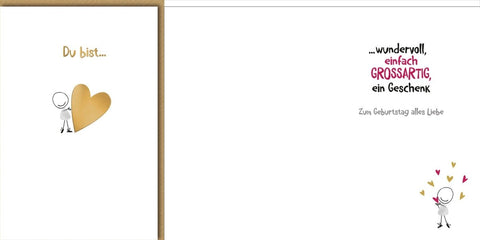 Geburtstagskarte Partner – Goldherz mit Strichmännchen und liebevollem Spruch