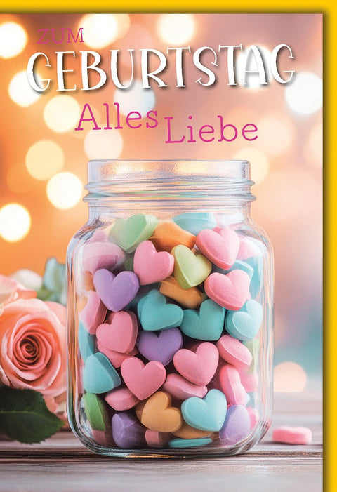 Geburtstagskarte Partner – Herzbonbons im Glas mit Rosen und Lichterglanz
