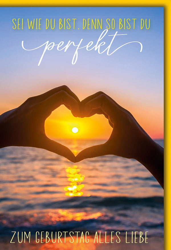 Geburtstagskarte Partner – Herzform Hände vor Sonnenuntergang mit inspirierendem Zitat