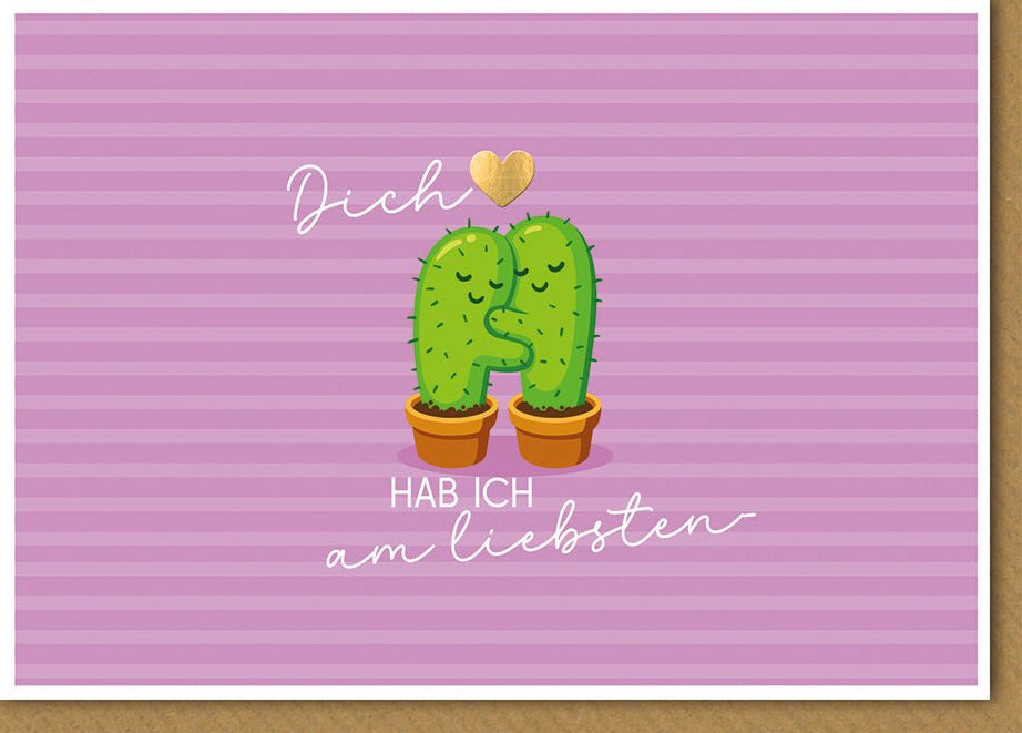 Valentinstagskarte – Kaktus mit Herz auf lila Streifen und liebevollem