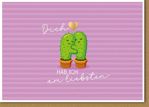 Valentinstagskarte – Kaktus mit Herz auf lila Streifen und liebevollem Spruch