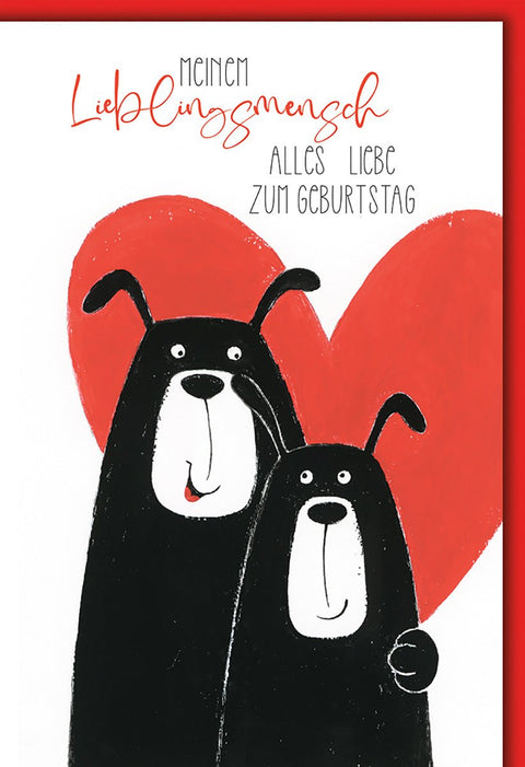 Geburtstagskarte Partner – Niedliche Hunde vor rotem Herz mit liebevollem Schriftzug